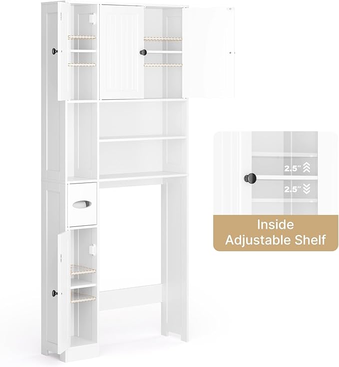 Ahomly Over The Toilet Storage Cabinet, Over Toilet Bathroom Organizer with Adjustable Shelves and Five Doors, Above Toilet Storage Cabinet for Bathroom, Restroom, Laundry, White