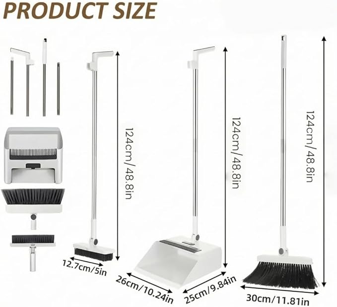 3 in 1 Broom and Dustpan Set with Adjustable Push Broom with 48.8“ Long Handle for Floor Sweeping Outdoor Indoor Sweeping Combo for Home & Kitchen (Green)