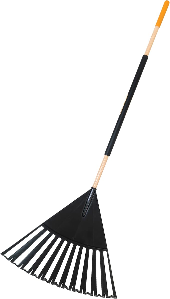 True Temper 20212010 Clog Free Leaf Rake with Hardwood/Steel Handle, 24 in. for Leaves, Grass, Clippings, Twigs, Pine Needles, Acorns, Debris, Black