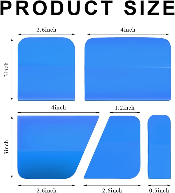 5 in 1 Rubber Squeegee Kit, Anti-Scratch Flexible Soft Matte TPU Coating Scraper Kit, Small Tint Squeegee Water Blade Scraper for Paint Protection Film Household Cleaning (Blue)