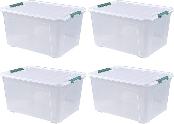 Begale 80 L Plastic Storage Bins with Lids, 4-Pack Clear Storage Box with Wheels