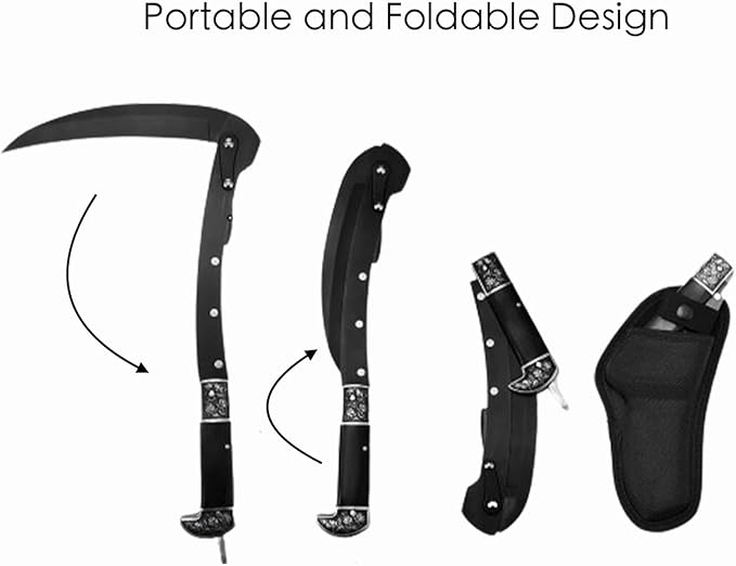Folding Sickle, Two Section Foldable Scythe with Wooden Handle, Sheath, 2 Sections Foldable Sickle Knife, Weeder, Manual Garden Tool for Weeding Farming