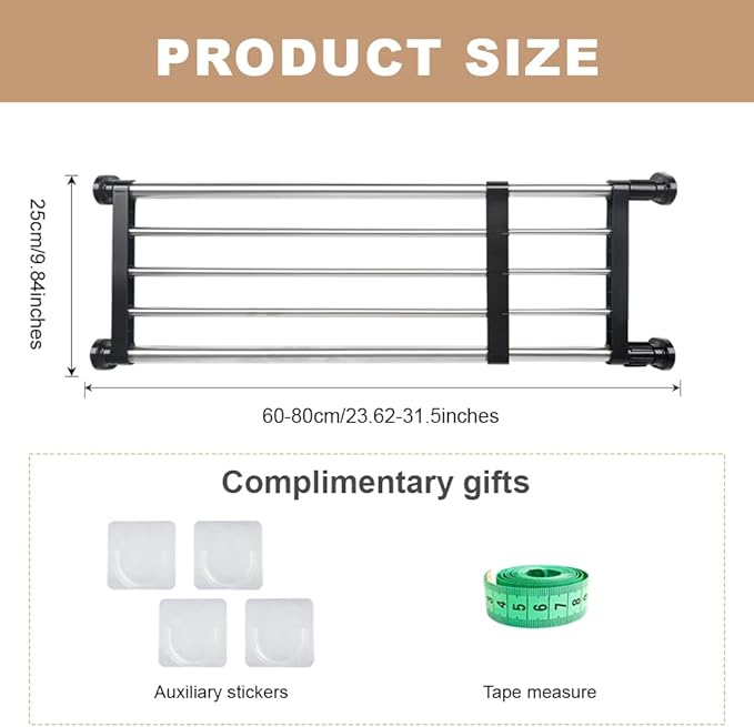 Hershii Expandable Closet Tension Shelf Rod Adjustable Metal Storage Rack Cabinet Organizer DIY Divider Separator Shelves for Wardrobe Cupboard Kitchen Bathroom, Black, 23.62-31.5inches