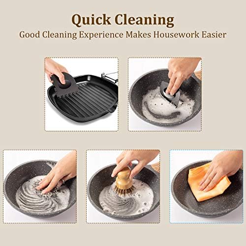 Patelai 7 Pieces Cast Iron Cleaner Set Include Stainless Steel Chainmail Scrubber with Bamboo Dish Scrub Brush Hot Handle Holder 2 Pan Grill Scrapers Kitchen Towel Wall Hook (Bright Color)