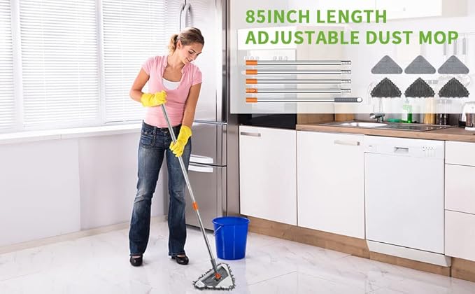 Long Handle Wall Mop 85 Inch, Wall Cleaner Ceiling Duster Extension Pole 39" to 85", 360° Rotatable Baseboard Wall Window Duster, Dry Dust /Wet Wash Cleaning Tool with 6 Replacement Chenille Pads