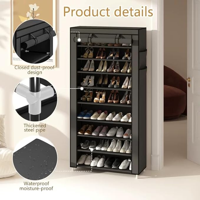 Calmootey 9 Tier Shoe Rack Organizer,Portable Shoe Shelf with Nonwoven Fabric Cover for Closet Hallway,Bedroom,Entryway,31.50x11.81x62.99inches,Grey