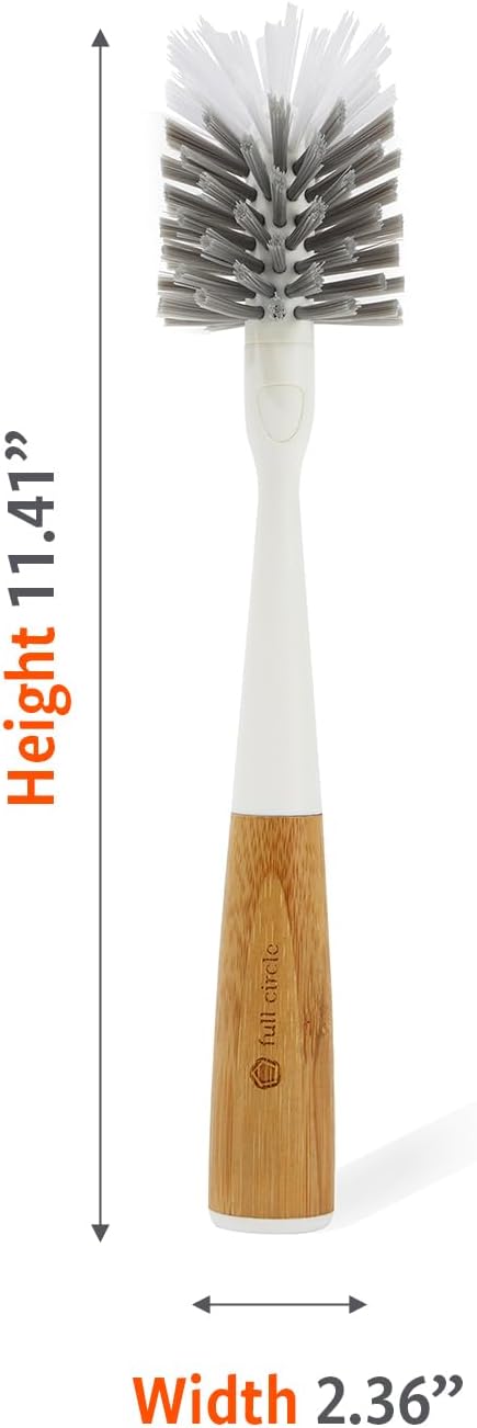Full Circle Clean Reach - Bamboo Long Handle Bottle & Mug Brush with Replaceable Head, for Deep Cleaning Water Bottles, Baby Bottles, Glasses, and Tumblers, White