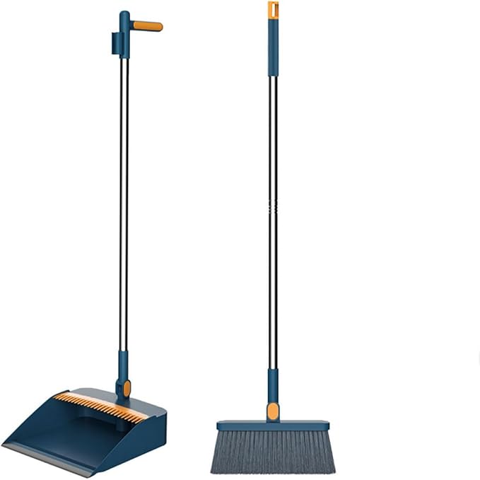 37.8in Broom and Dustpan Set Foldable Hand Broom for Home & Kitchen with Rotatable Standing Storage, Buckle Type Broom with Dustpan Combo Set Outdoor Brooms Cleaning Tool Apartment Essentials (Blue)