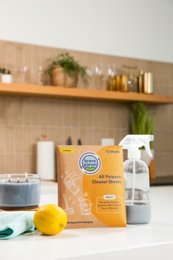Brave Planet Eco-Friendly All-Purpose Cleaner Sheets – Biodegradable, Non-Toxic, No Parabens, Phosphates, or Ammonia – Fresh Lemon Scent – 12 Multi-Surface Dissolvable Sheets for Home