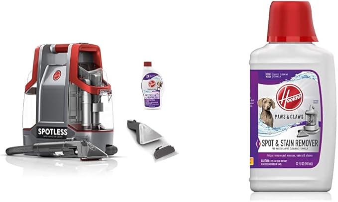 Hoover Spotless Portable Carpet & Upholstery Spot Cleaner, FH11300PC, Red and Hoover Paws & Claws Premixed Spot Machine Cleaning Shampoo, Pet Stain Solution and Odor Remover, 32oz Formula, AH30940