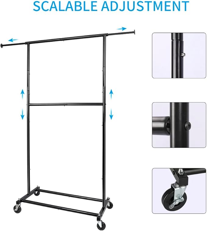 Fishat Black Simple Standard Rod Rolling Garment Clothes Rack, Metal Clothes Organizer with Lockable Wheels
