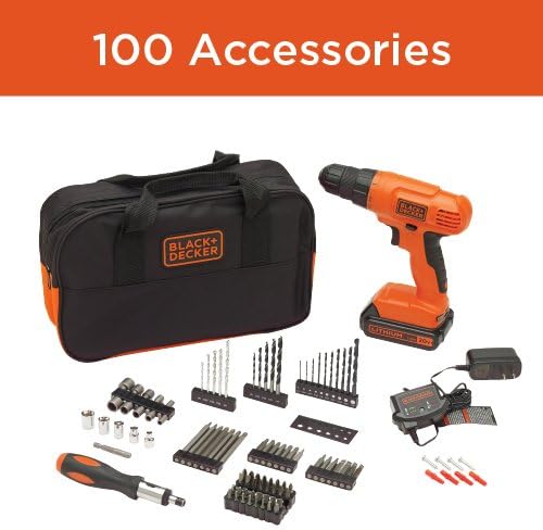 BLACK+DECKER 20V MAX* POWERCONNECT Cordless Drill Driver Kit with Drill Bit Set and Sockets, 100 pc. Tool Kit for Home, Battery and Charger Included ,Orange (BDC120VA100)
