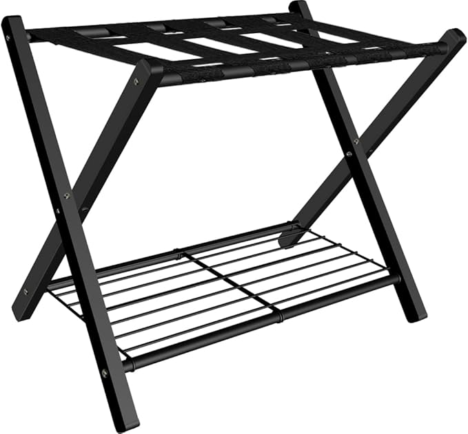 mocomax 1 Pack Folding Luggage Rack for Guest Room, Foldable Suitcase Stand Holder with Metal Storage Shelf for Bedroom, Living Room, Hotel Essentials, Heavy Duty Steel Frame, Black
