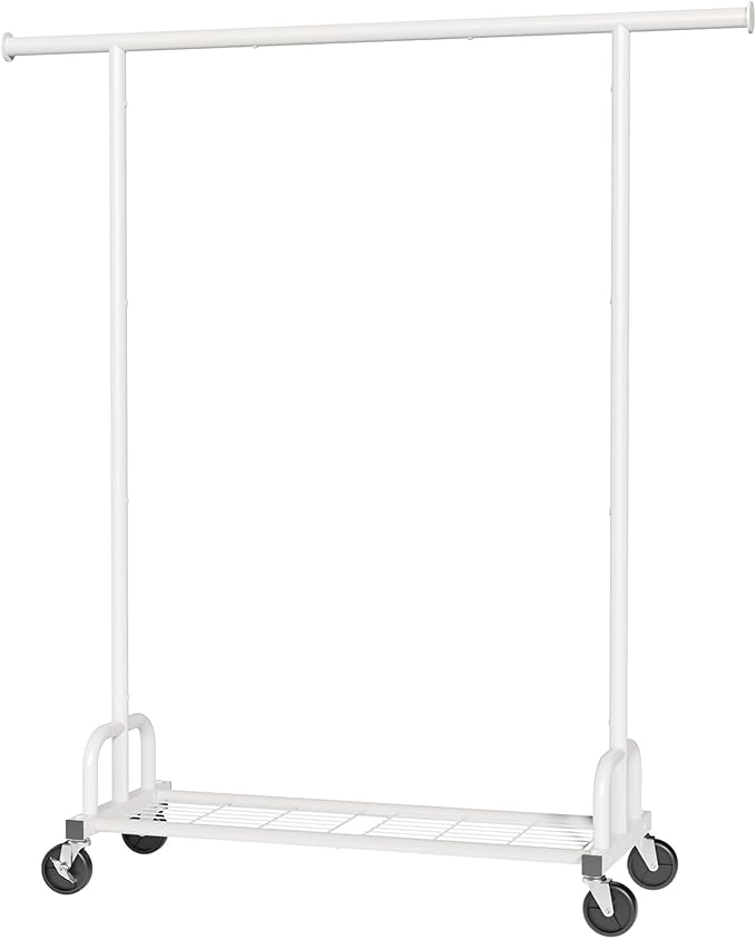 Sakugi Clothes Rack - Large-Capacity Clothing Racks for Hanging Clothes with Lockable Wheels, Space-Saving Metal Coat Rack for Bedroom, Laundry Room, Entryway, 45.6" x 16.9" x 59", White