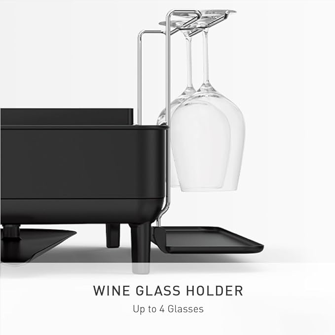 simplehuman Large Capacity Dish Drying Rack with Stainless Steel Frame, 360º Easy Drain Swivel Spout, Utensil & Wine Glass Holder, Anti-Residue Coating, Moisture Control Surface, Matte Black