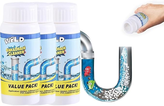 Wild Sink and Drain Cleaner Powder | Rapid-Foam Fast-Acting Pipe Declogger for Kitchen, Bathroom, Toilet, Shower Drain Maintenance (3pcs)