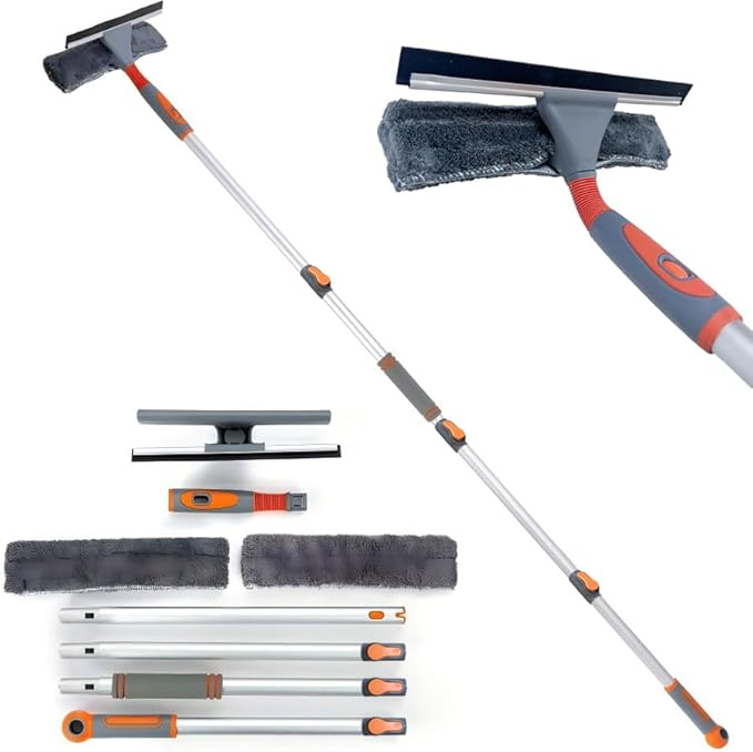 Professional Window Squeegee Cleaner, 2 in 1 Shower Squeegee with Extension Pole, 62‘’ Telescopic Window Washing Equipment with Bendable Head, Glass Cleaning Tools for Indoor/Outdoor High Window
