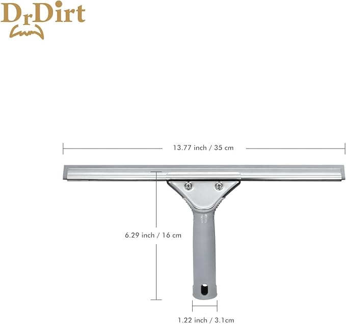 DrDirt Window Squeegee for Home, Stainless Steel, Durable, Ergonomic Non-Slip Handle, Replaceable Foam Rubber Blade, 14in Squeegee for Window Cleaning