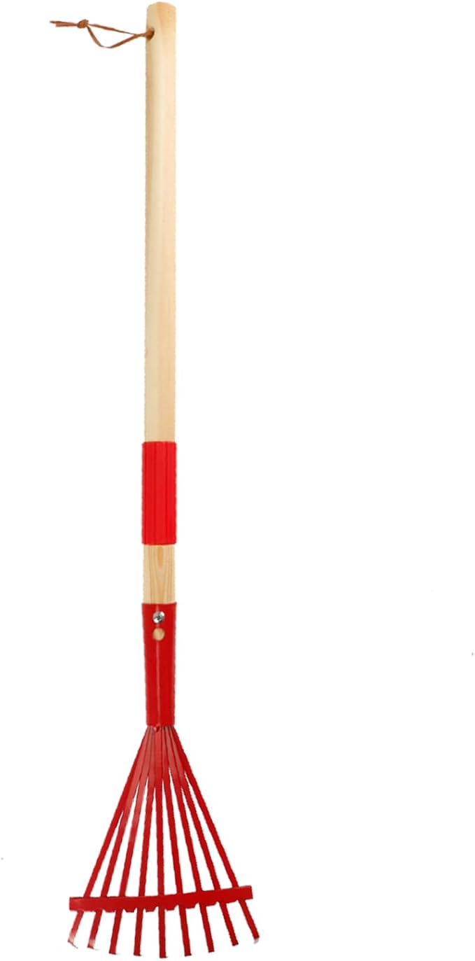 Small Leaf Rake-Wooden Handle Leaf Rake for Little Helper Courtyard/Garden Leaves Cleaning for Kids (Red)