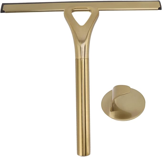 8.9x8.7inch Gold Stainless Steel Shower Squeegee Window Squeegee with Hanging Hook - Glass Wiper Squeegeer Cleaning Tool for Clean Ceramic Tile,Shower Door, Mirror,Window,Car Glass,Table Top