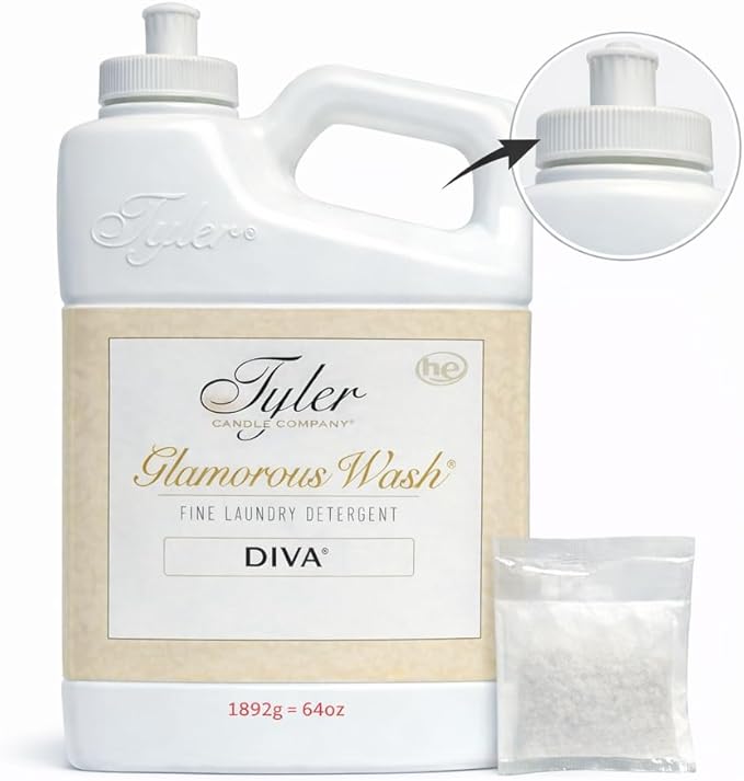 Tyler Glam Wash Laundry Detergent, Diva, Liquid, 64 Fl Oz HE Safe w/Dryer Sachet Pouch, Pull and Pour Spill Proof Cap om