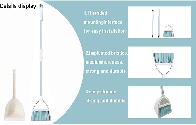 Mini Broom with Dustpan for Kids,Little Housekeeping Helper Set (White+Blue)