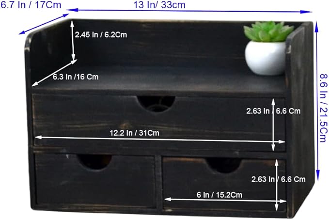 Vintage Rustic Wooden 3 Drawer with Shelf Office Desk Organizer & Mail Rack For Desktop,makeup holder Box for Office Home Toiletries Supplies Vanity, No Assembly Required (Rustic Black)