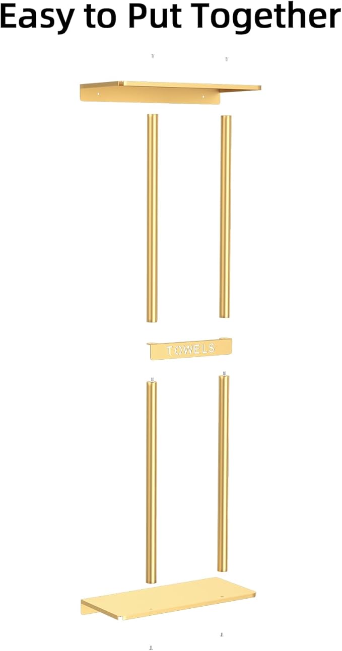 STWWO Bathroom Towel Storage Rack for Bathroom, 30 inch Towel Racks Wall Mounted with Shelf Can Holds 6 Large Towels, Wall Towel Rack for Rolled Towels, Gold