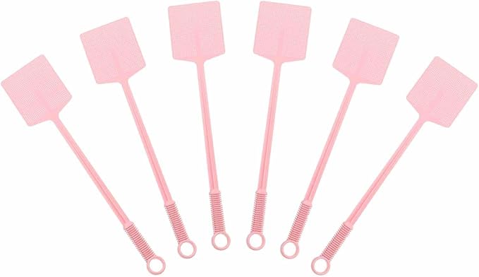 HARFINGTON 6pcs Fly Swatter 4.5"x3.9" Plastic Manual Heavy Duty Long Handle Fly Swatter for Home Indoor Outdoor, Pink