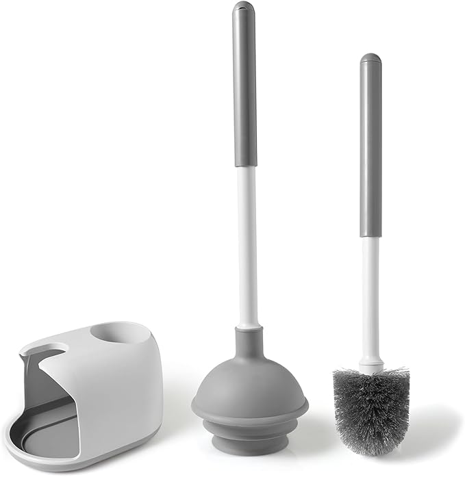 Eyliden Toilet Plunger & Brush Set, Upgrade 3-Step Suction Cup - Ultra-Tight Seal, Durable, Space-Saving Toilet Deep Cleaning Combo with Holder, Bathroom Essentials, White & Grey, Nylon Bristles