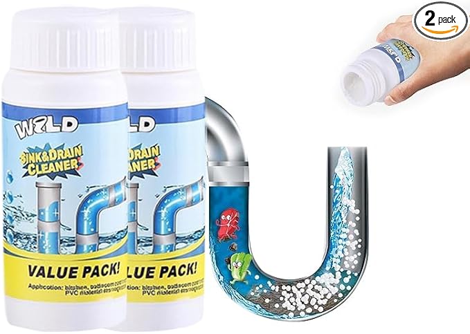 Wild Sink and Drain Cleaner Powder | Rapid-Foam Fast-Acting Pipe Declogger for Kitchen, Bathroom, Toilet, Shower Drain Maintenance (2pcs)