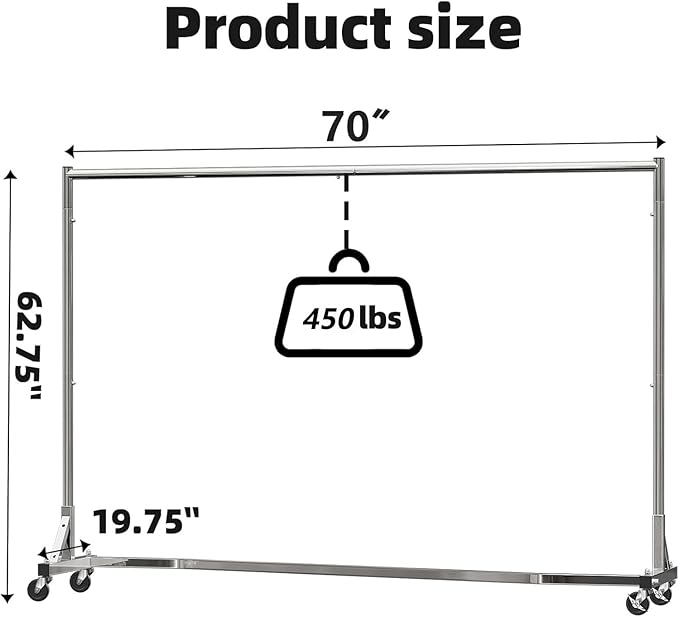 Simple Trending Industrial Grade Z Base 70in extra long Clothes Garment Rack, Commercial Grade Rolling Clothing Rack, Heavy Duty 450lb Load with Wheels, Chrome