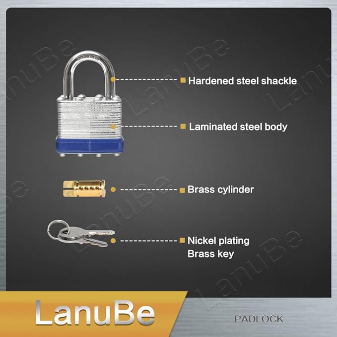 LanuBe Lock Laminated keyed Padlock (1-9/16", 40mm), keyed Alike Locks, Normal Shackle, Pack of 12…