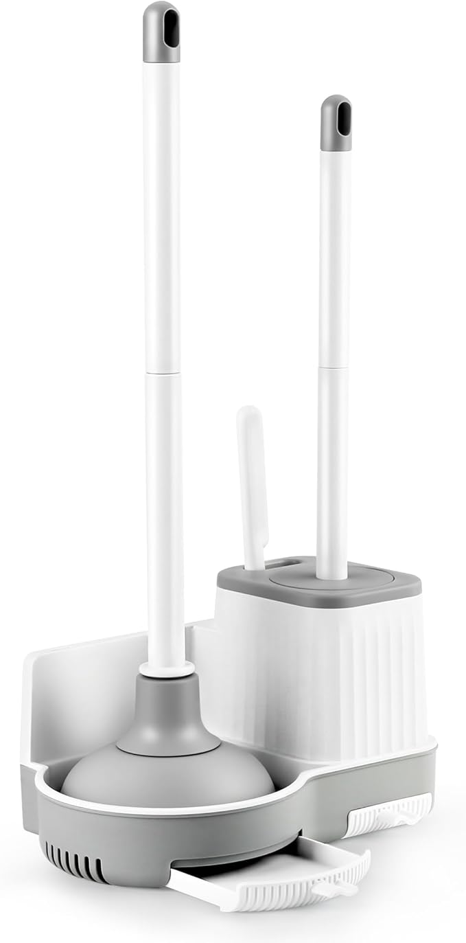 Toilet Brush and Plunger Set, 3 in 1 Toilet Bowl Brush and Holder with Crevice Cleaning Brush Wall Mounted Household Bathroom Cleaning Tools Plunger Toilet Brush Combo (1 Pack)