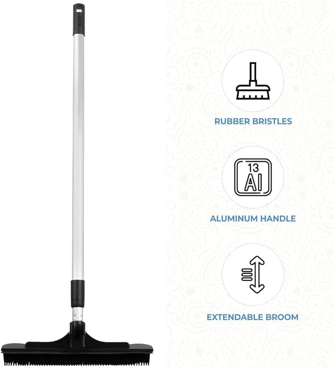ForPro Extendable Salon Broom, Non-Scratch Rubber Bristles, Aluminum Handle Adjustable to 51.5”, Ideal for Pet Hair, Lint, Dust, Dirt, Black