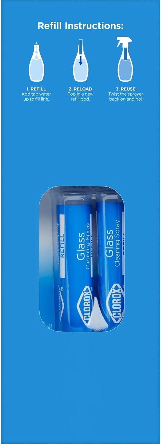 Clorox Glass Cleaner Cleaning Kit, 1 Reusable Bottle Plus 2 Refill Cartridges, Multi-Surface Cleaner, Home Cleaning Kit, 3 Piece Set