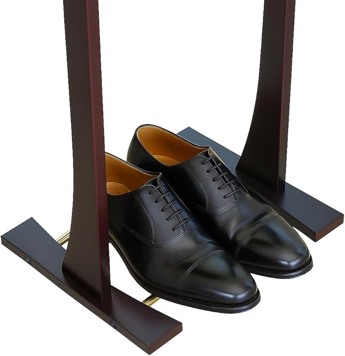 Proman Products Ashton Valet Suit Stand with Top Tray, Contour Hanger, Trouser Bar and Shoe Rack, 17" W x 14" D x 42" H, Dark Mahogany