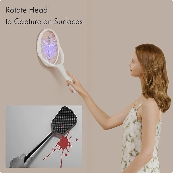 2-Pack GeckoMan Rotating Head Electric Fly Swatter Racket Rechargeable Bug Zapper Racket Bug Zapper Indoor Fly Zapper Mosquito Zapper Flies Killer for Indoors, with 2 Telescopic Extensions