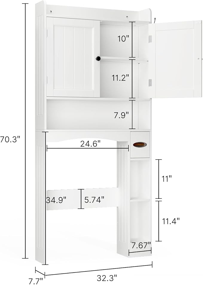 Ahomly Over The Toilet Storage Cabinet, 32.3" W x 70.3" H Over Toilet Bathroom Organizer with Doors, Adjustable Shelves, Toilet Paper Holder, 2 Side Hooks, Space-Saver for Bathroom, Laundry, White