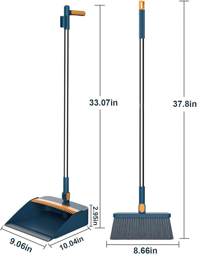 37.8in Broom and Dustpan Set Foldable Hand Broom for Home & Kitchen with Rotatable Standing Storage, Buckle Type Broom with Dustpan Combo Set Outdoor Brooms Cleaning Tool Apartment Essentials (Blue)