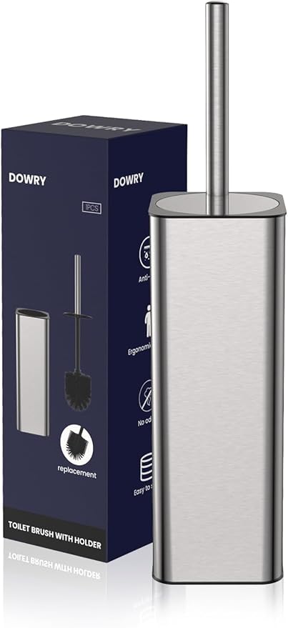 DOWRY Stainless Steel Toilet Bowl Brush and Holder for Bathroom, Deep Cleaning Toilet Brush and Holder Set with Long Handle, Hidden Toilet Bowl Brush with 2 Heads,Modern Decor Nickel Brushed Square