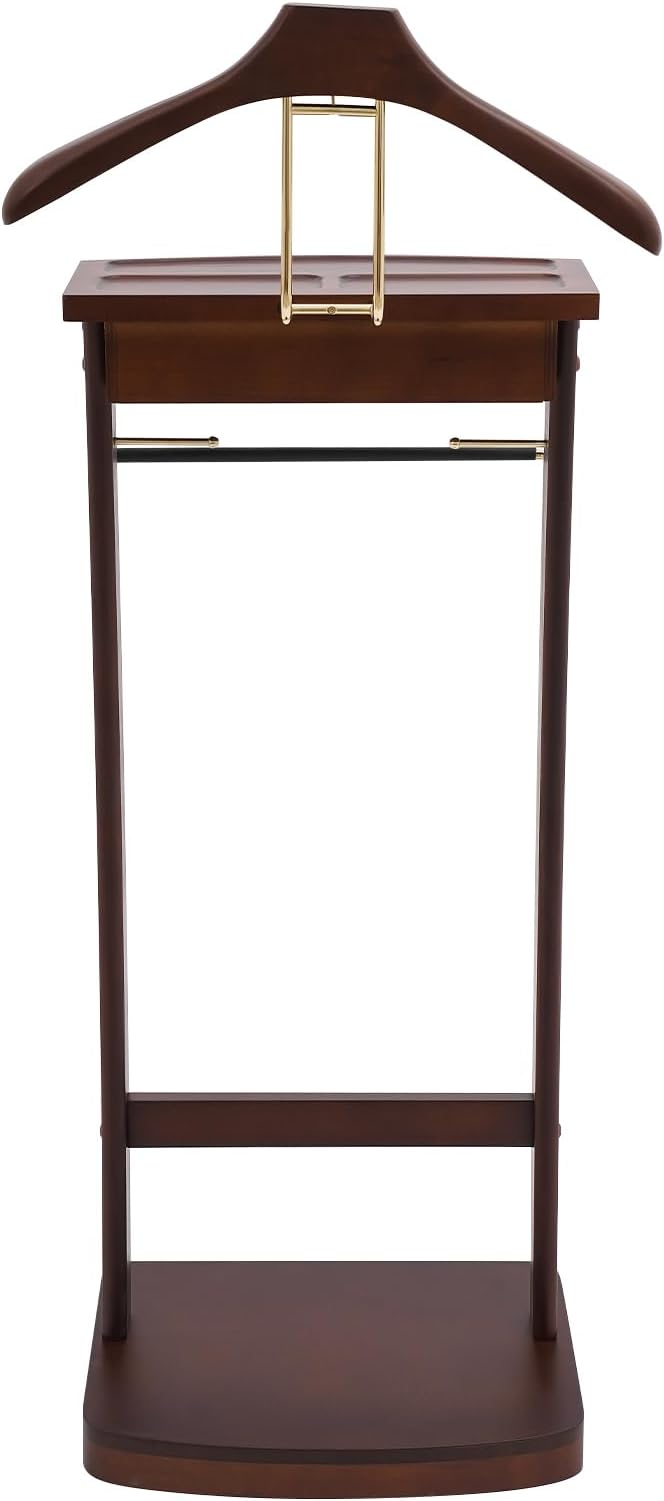 Valet Stand for Man and Women, Wood Suit Rack Suit Valet Stand with Top Tray, Storage Drawer, Bottom Shoe Rack, Freestanding Clothes Rack for Living Room, Bedroom, Office, Black (Walnut Color)