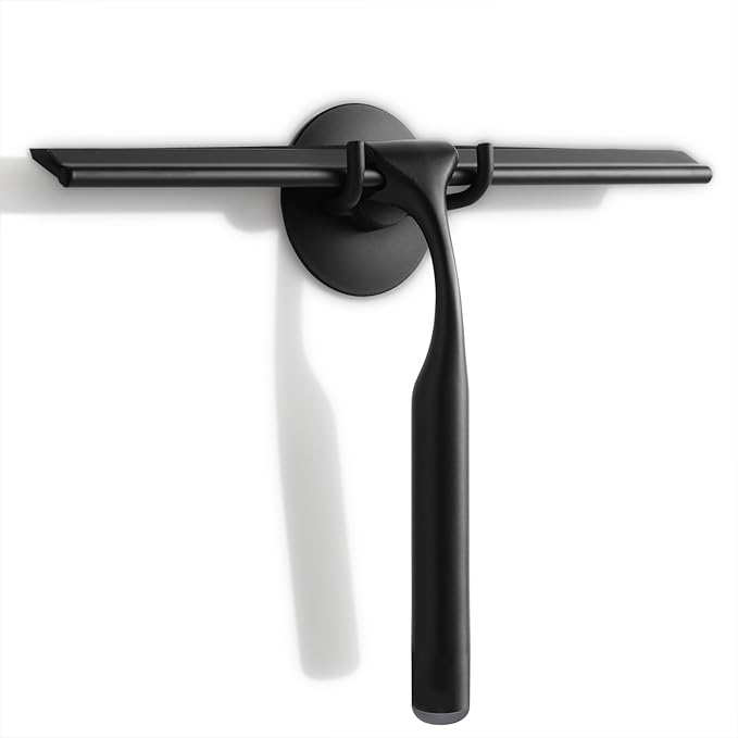 Quntis 10-Inch Matte Black Shower Squeegee for Glass Doors – Stainless Steel with Non-Slip Handle, Replacement Blade & Hook – Ideal for Bathroom, Mirrors, Tiles, and Car Windows
