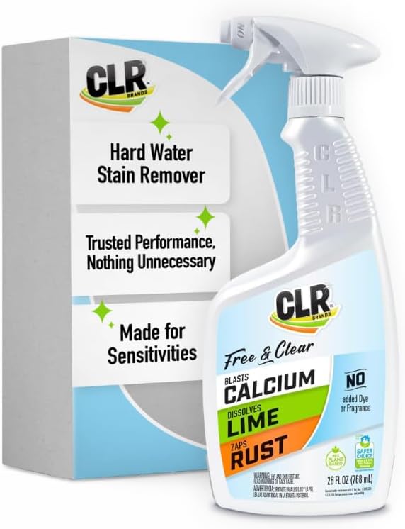 CLR Brands® Calcium, Lime & Rust Remover Free & Clear, No Dyes or Fragrances, Gentle Lime and Bathroom Descaler, Removes Hard Water Stains and Rust Deposits, 26 Oz Bottle (Pack of 1)
