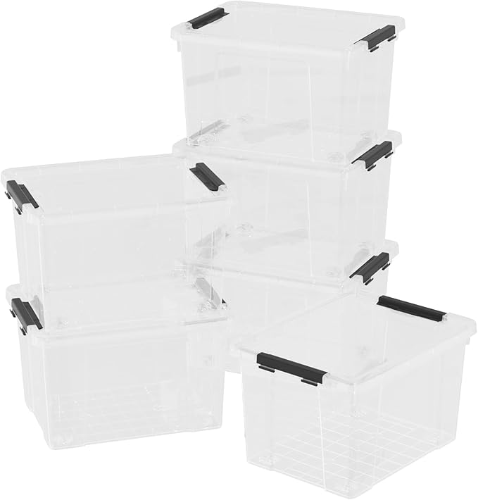 22 Quart Clear Latching box, Plastic Storage Bin with Wheels, 6 Packs