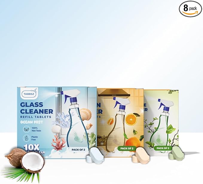 Glass Cleaner Refill Tablets | Plant-Based Streak-Free Window & Mirror Cleaner | Non-Toxic & Eco-Friendly Cleaning Solution | Plastic-Free Packaging | Assorted - Pack of 8