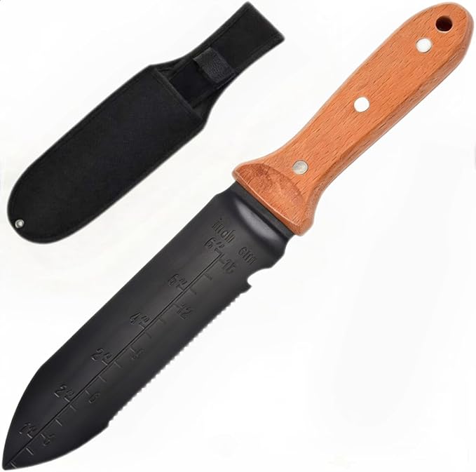 Hori Hori Garden Knife, 7" Stainless Steel Blade Heavy Duty Gardening Tool, Full-Tang Wooden Handle with Hanging Hole & Oxford Sheath for Weeding Digging Planting Cutting