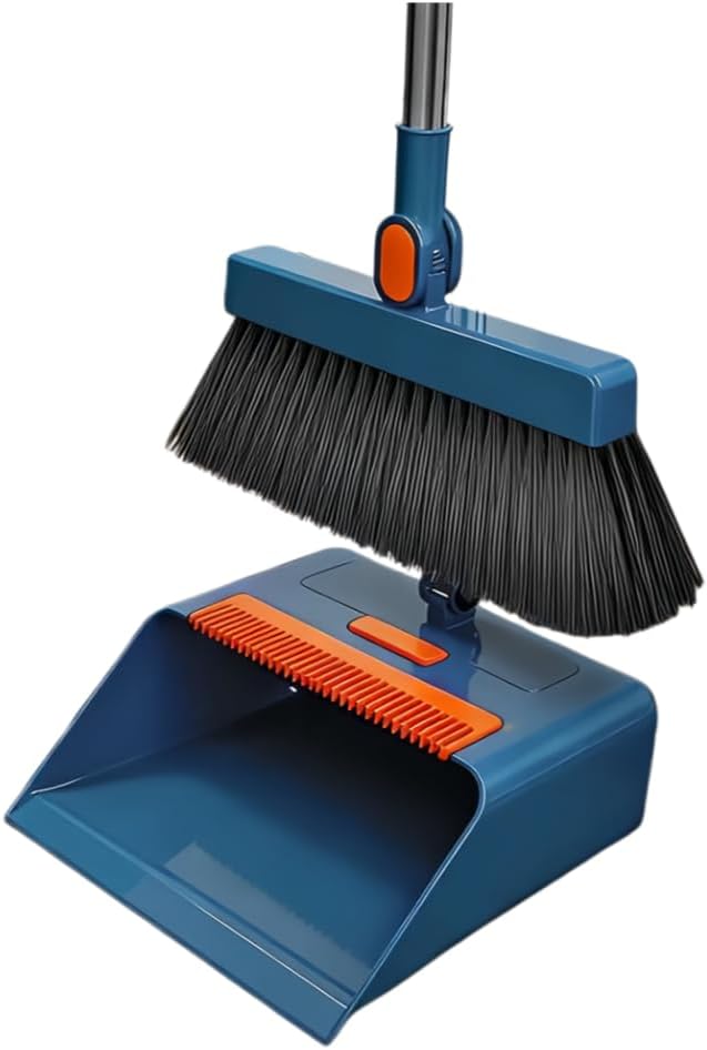 3 in 1 Broom and Dustpan Set with Adjustable Push Broom with 48.8“ Long Handle for Floor Sweeping Outdoor Indoor Sweeping Combo for Home & Kitchen (Blue)
