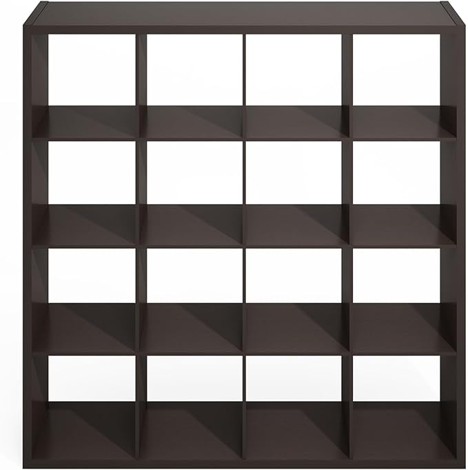 Furinno Simple Cube Storage Organizer, 16-Cube Display Shelf, Open Back Shelving Unit, Storage Shelves, Extra Thick Frame, for Organization and Storage, Living Room, Home Office, Dark Oak