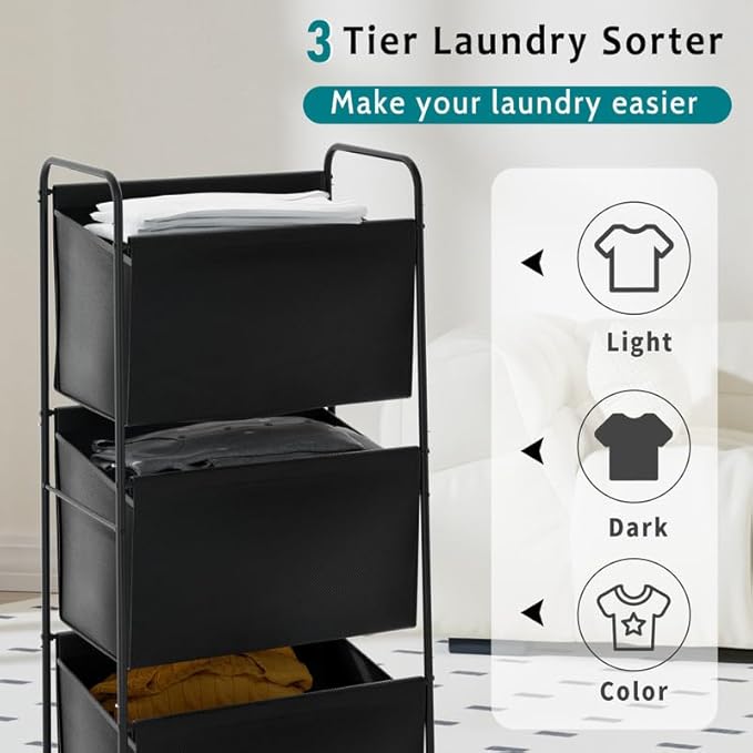 125L Vertical Laundry Hamper with Wheels, 3 Section Large Rolling Laundry Sorter with Detachable Inners, Metal Clothes Hamper Laundry Baskets Organizer for Bathroom, Bedroom, Dorm (Black)